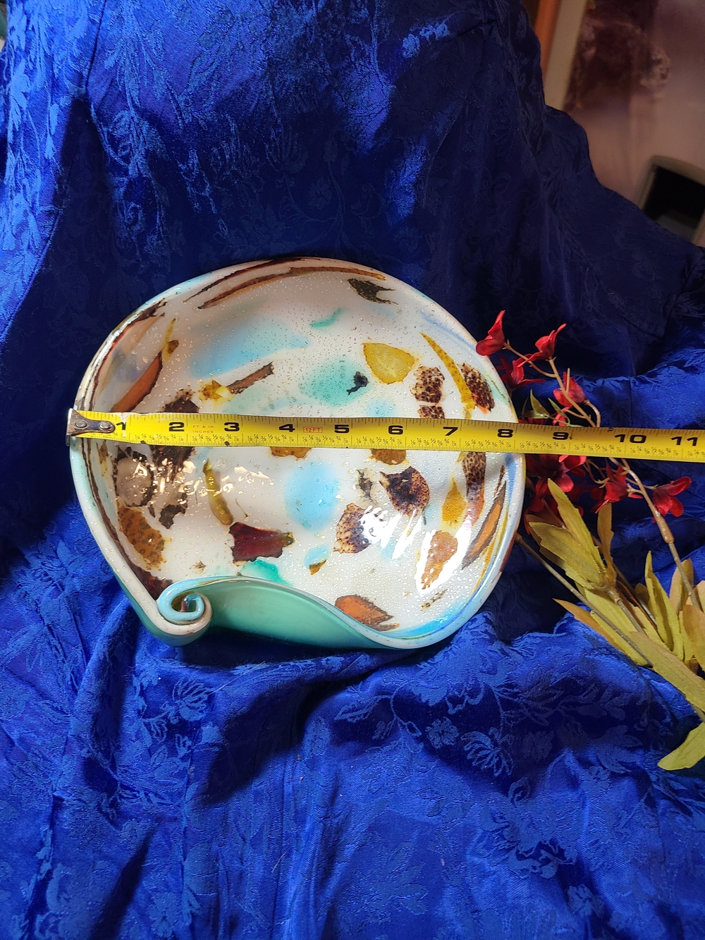 Antique Turquoise White Ceramic Decorative Bowl with Gold and Brown Accents - Picture 8 of 9
